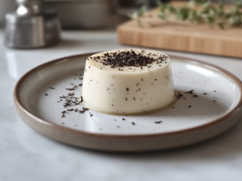 Eine Earl Grey Panna Cotta auf einem Teller.