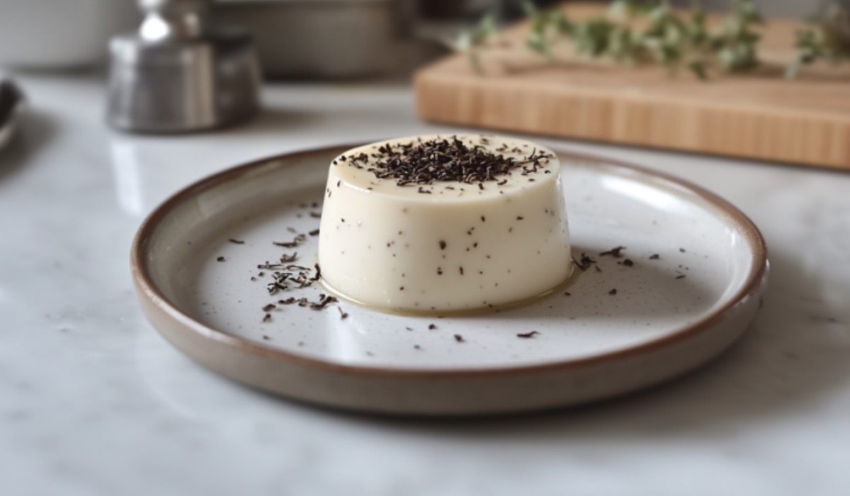 Eine Earl Grey Panna Cotta auf einem Teller.