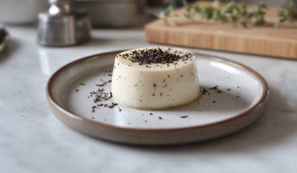 Eine Earl Grey Panna Cotta auf einem Teller.