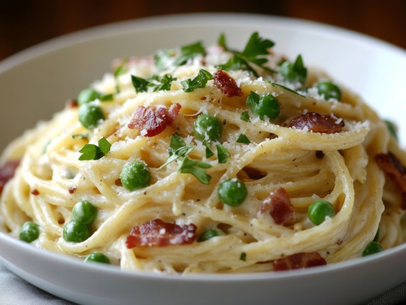 Teller mit Erbsen-Carbonara