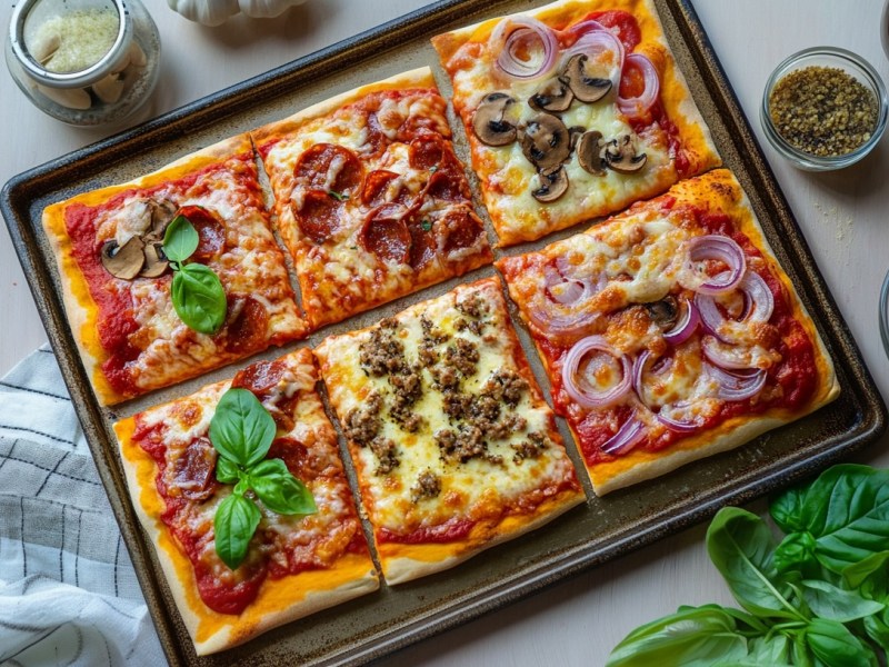 Familienpizza vom Blech in der Draufsicht, geschnitten in 6 Stücke, die alle anders belegt sind. Drumherum Zutaten.