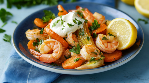 Ein hellblauer Teller mit einer Portion Fenchel-Garnelen-Pfanne garniert mit einem Klecks Crème fraîche, frischer Petersilie und einer halben Zitrone. Der Teller steht auf einem blauen Küchentuch und steht auf einem blauen Untergrund. Im Hintergrund kann man einen Bund frische Kräuter und aufgeschnittene Zitrone erkennen.