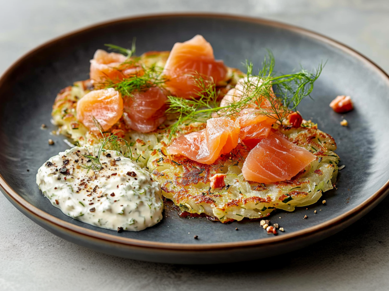 Ein dunkelgrauer Teller mit einer Portion Fenchelrösti mit Räucherlachs und Ricotta-Dip garniert mit frischem Dill. Der Teller steht auf einem hellgrauen Untergrund. Ringsum ist nichts weiter zu sehen.