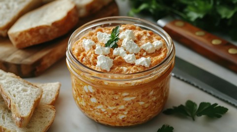 Glas mit Feta-Quark-Aufstrich mit getrockneten Tomaten