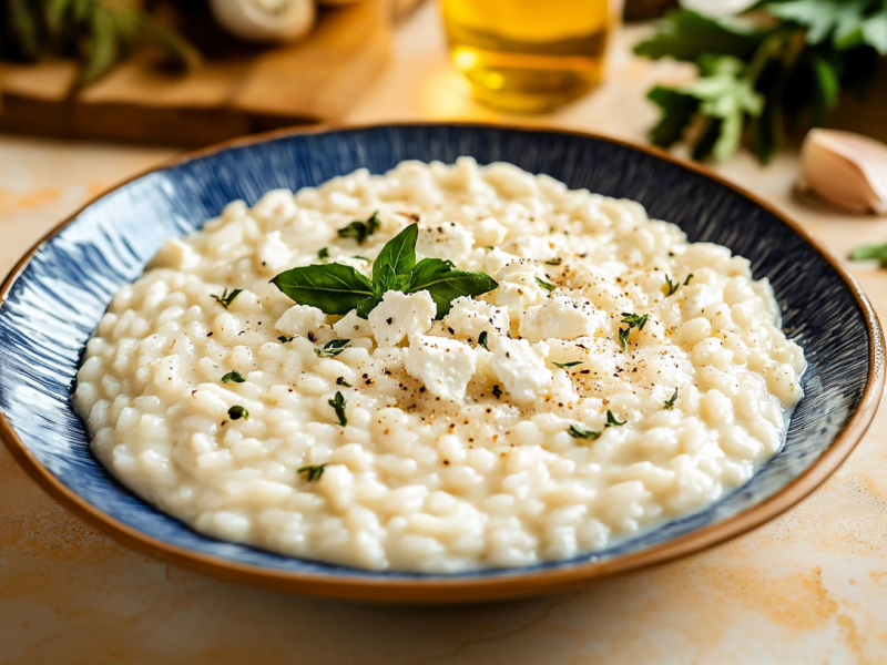 Ein tiefer Teller Feta-Risotto mit Schafskäse und Kräutern.
