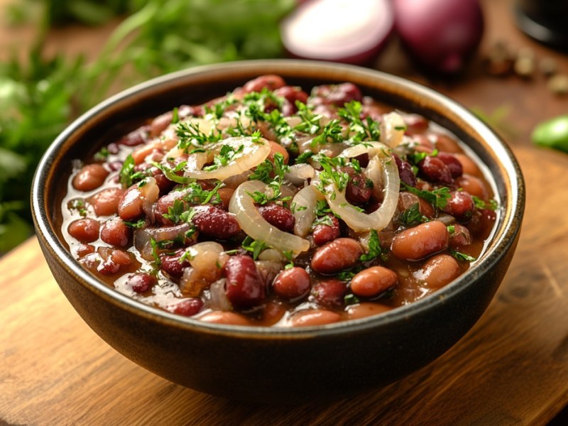 Eine Schüssel mexikanischer Bohneneintopf Frijoles.