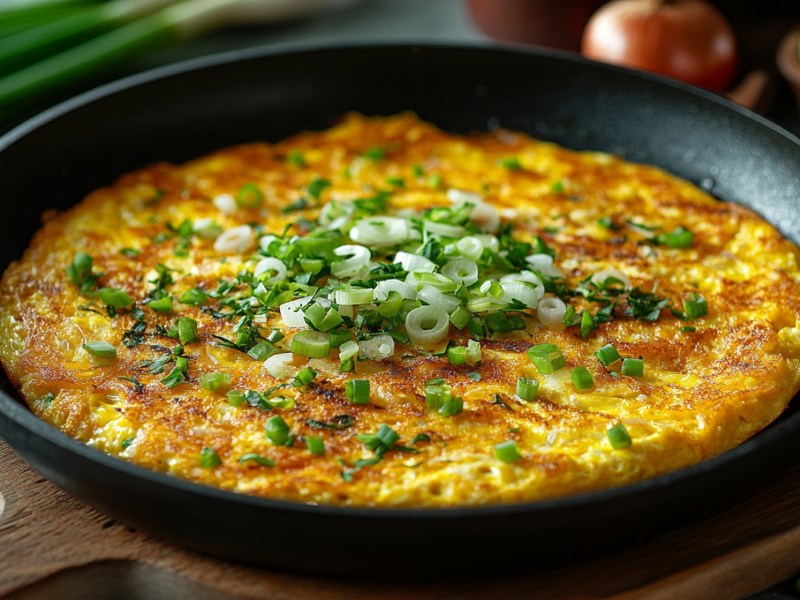 Pfanne mit einem Frühlingszwiebel-Omelett