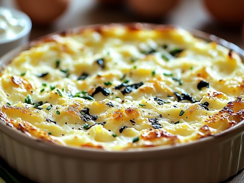 Gebackene Eier mit Hüttenkäse und Spinat in einer runden Auflaufform, drumherum einige Zutaten, Nahaufnahme.