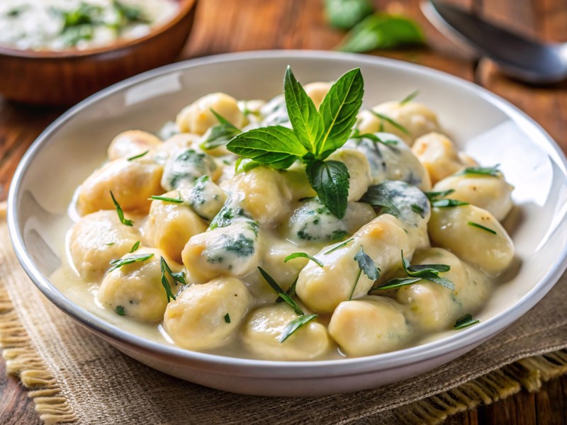 Teller mit Gnocchi in Gorgonzolasoße
