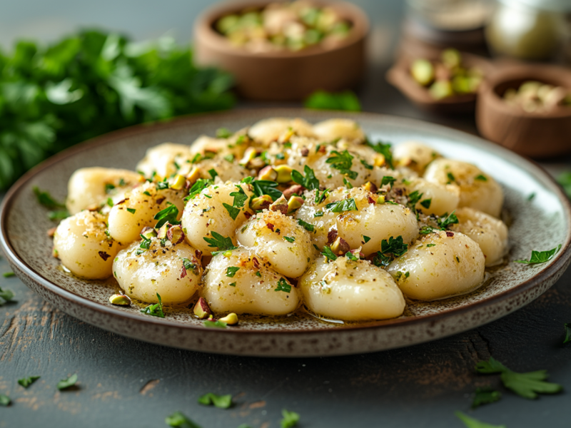 Ein grauer Teller mit einer Portion selbst gemachter Gnocchi in Petersilienbutter garniert mit gehackter frischer Petersilie und gehackten Pistazien. Der Teller steht auf einer dunkelgrau gestrichenen Holzoberfläche. Im Hintergrund kann man einen Bund Petersilie sowie Schalen mit Pistazien erkennen. Rund um den Teller liegt gehackte Petersilie verstreut.