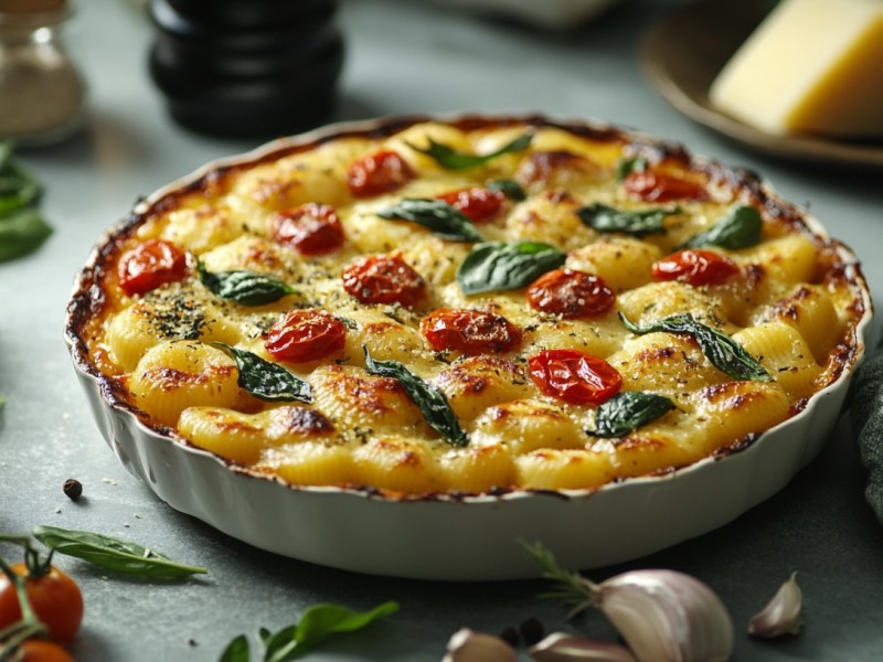 Gnocchi-Spinat-Gratin mit Spinat und Tomaten in runder Auflaufform, drumherum einige frische Zutaten.