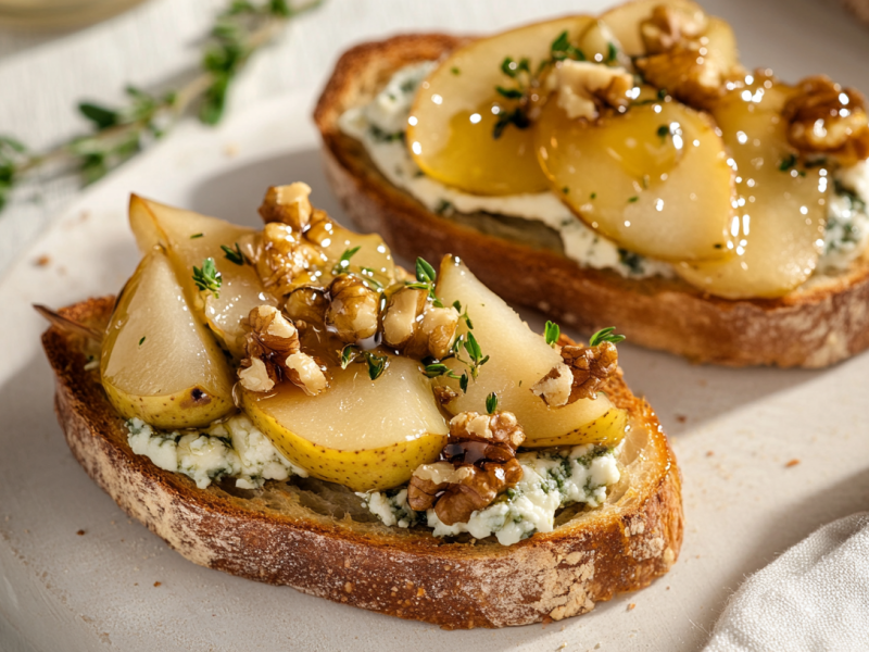 Zwei Scheiben Gorgonzola-Birnen-Bruschetta auf einem Serviertablett.