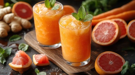 Zwei Gläser Grapefruit-Ingwer-Smoothie mit Grapefruits daneben