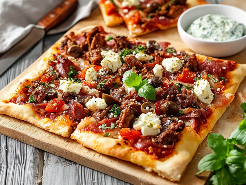 Ein Holzbrett mit einer Gyros-Pizza mit Zaziki. Das Zaziki steht in einer Schale auf dem Holzbrett neben der Gyros-Pizza. Neben dem Brett in der rechten unteren Bildecke liegt ein Bund frisches Basilikum. Links neben der Gyros-Pizza liegt ein Küchenhandtuch drapiert und es liegt ein großes Schneidemesser dort. Außerdem kann man im Hintergrund zwei Stücke Gyros-Pizza erkennen, die herum liegen.