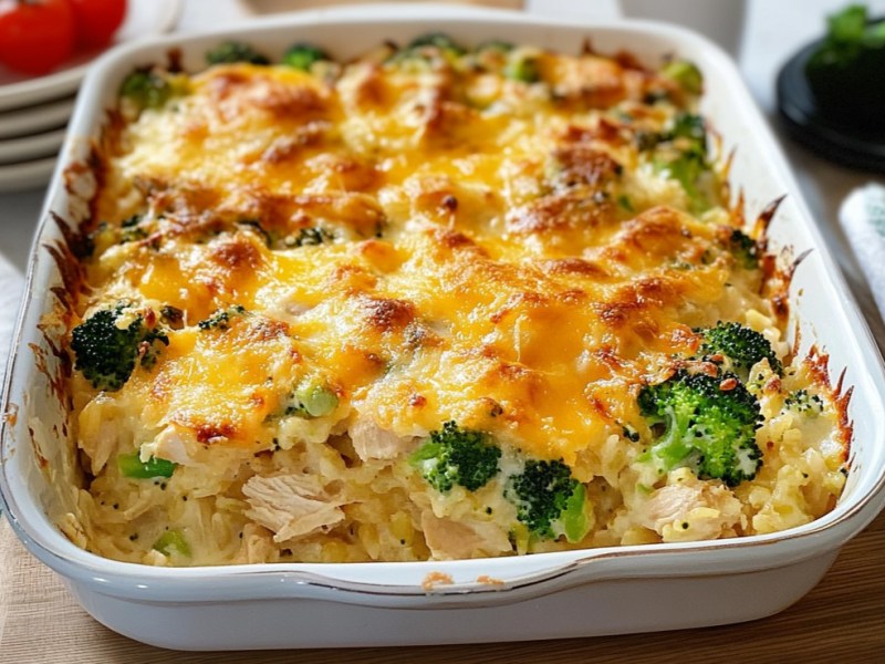 Hähnchen-Brokkoli-Auflauf mit Reis in einer Auflaufform. Daneben liegen Zutaten.