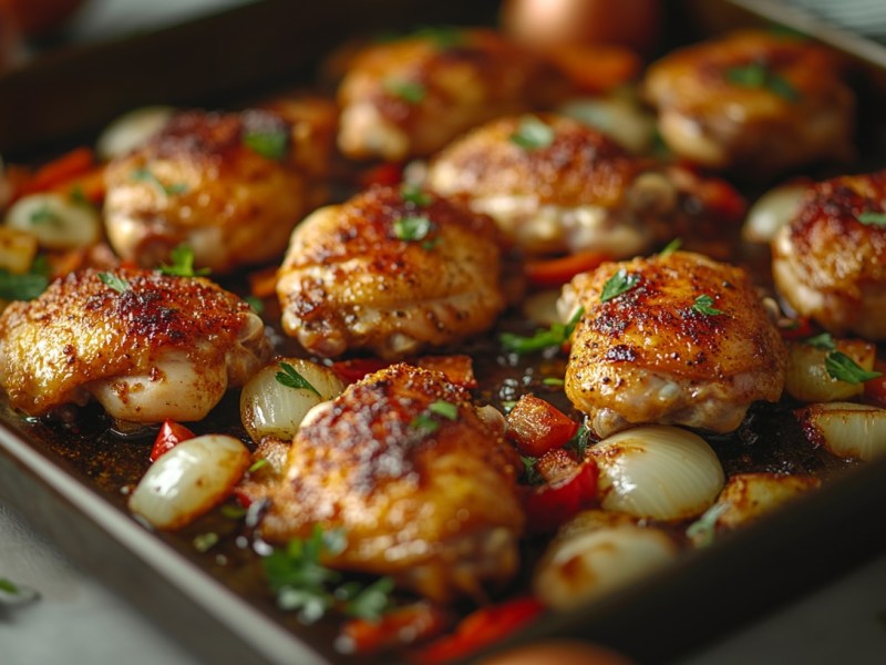 Hähnchenschenkel mit Kartoffelspalten und Paprika sowie Zwiebelstücke auf einem Blech, Nahaufnahme.