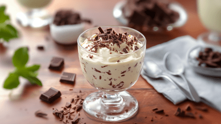 Ein Dessertglas mit einer Portion Herrencreme, die mit Schokoladenraspel garniert ist. Um die Herrencreme herum liegen Schokosplitter und Schokoladenstücke auf der Holzoberfläche. Außerdem ist eine Stoffserviette zu sehen, auf der 2 Löffel liegen, sowie eine kleine Schale mit Schokoladenstücken steht. Es sind weitere Schalen mit Schokosplittern und -stücken verschwommen im Hintergrund zu erkennen. Außerdem liegen einige Blätter frischer Minze auf dem Tisch.