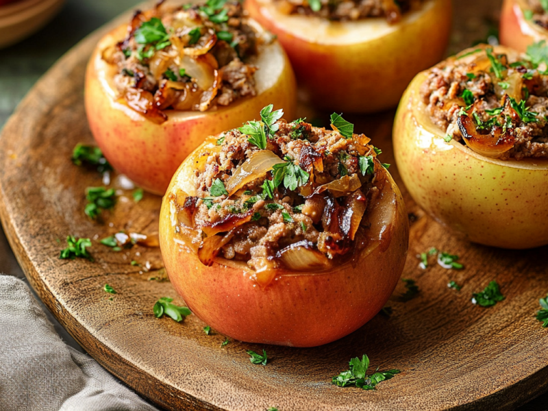 Herzhafter Bratapfel mit Hackfleisch: Mehrere Äpfel liegen auf einem Holzbrett. Sie sind mit Petersilie garniert.