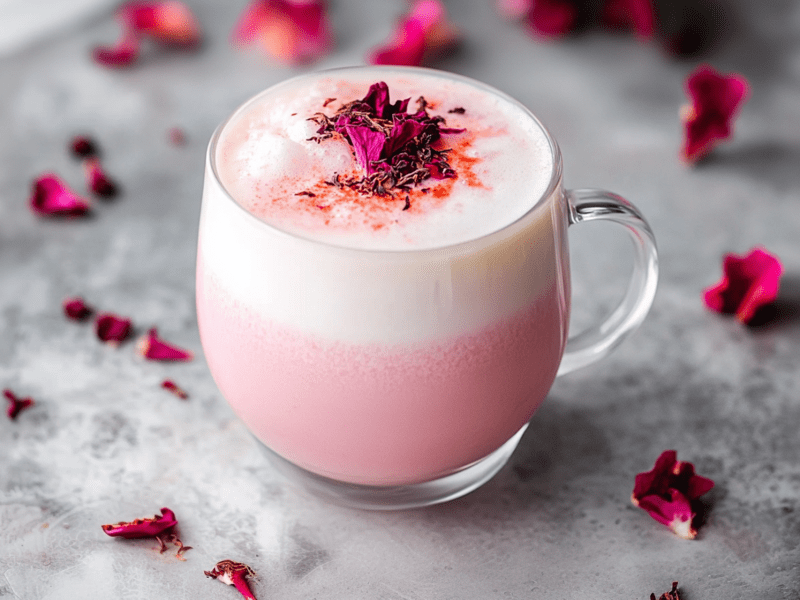 Eine Glastasse mit Hibiskus Latte, der mit Milchschaum getoppt und mit getrockneten Hibiskusblüten dekoriert. Die Glastasse steht auf einer grauen Arbeitsfläche. Um den Hibiskus Latte liegen auch Blüten verstreut.
