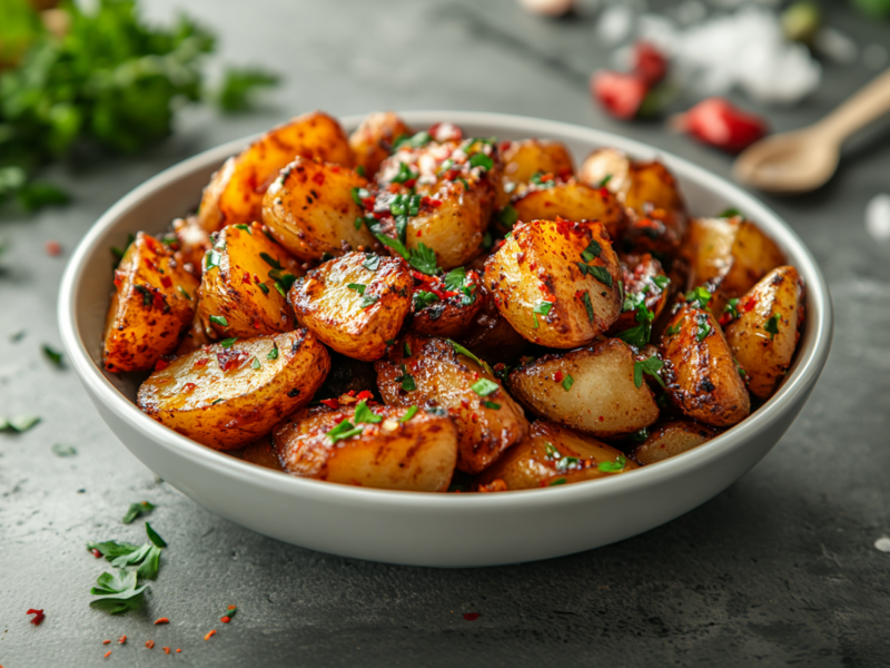 Eine Schüssel mit Honig-Chili-Kartoffeln, die mit frischer gehackter Petersilie garniert sind. Im Hintergrund liegen einzelne Kartoffeln, Petersilie, eine Knoblauchknolle und Knoblauchzehen, ein Holzlöffel und aufgeschnittene rote Chilischoten.