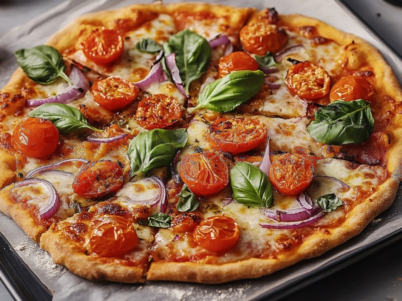 Eine runde Hüttenkäse-Pizza in Stücke geschnitten auf einem Blech mit Backpapier, belegt mit roter Zwiebel, Kirschtomaten und Basilikum.