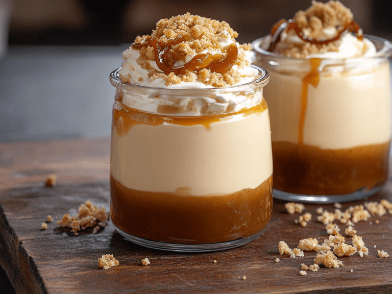 Zwei Gläschen Karamell-Mousse.