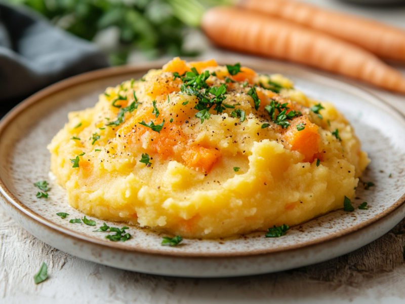 Ein Teller mit einer Portion Kartoffel-Möhren-Stampf, das mit frischer gehackter Petersilie bestreut ist. Im Hintergrund liegen zwei Möhren und ein dunkelblau-graues Küchenhandtuch.