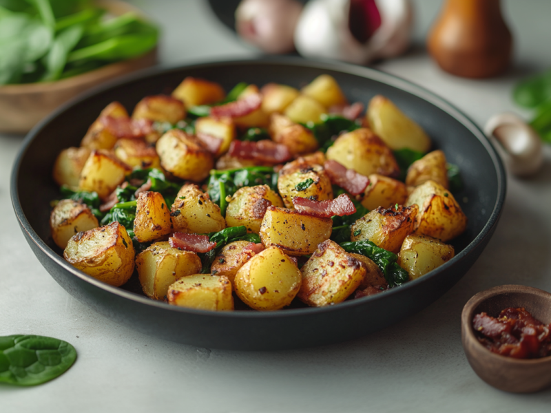 Kartoffel-Spinat-Pfanne mit Speck und Mozzarella auf einem Teller, drumherum einige Zutaten.