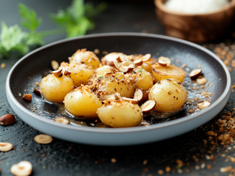 Ein schwarz-dunkelgrauer Teller mit einer Portion Kartoffeln in Haselnussbutter, die zusätzlich mit gehackten Haselnüssen garniert ist. Um den Teller herum liegen Haselnusssplitter und aufgeschnittene Haselnusskerne. Im Hintergrund ist eine Holzschale mit Salz und ein bis zwei Stiele frische Kräuter zu erkennen.