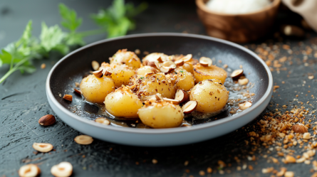 Ein schwarz-dunkelgrauer Teller mit einer Portion Kartoffeln in Haselnussbutter, die zusätzlich mit gehackten Haselnüssen garniert ist. Um den Teller herum liegen Haselnusssplitter und aufgeschnittene Haselnusskerne. Im Hintergrund ist eine Holzschale mit Salz und ein bis zwei Stiele frische Kräuter zu erkennen.