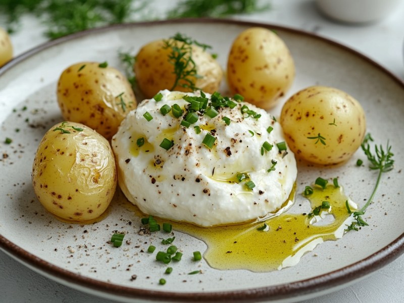 Ein Teller Kartoffeln mit Quark und Leinöl, im Hintergrund ein paar Kartoffeln.
