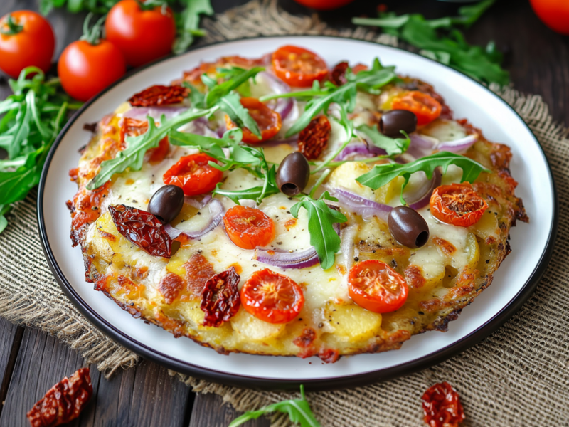 Ein Teller mit einer Kartoffelpizza vom Blech, die mit frischen Tomaten, kleinen Stücken getrockneter Tomate, Oliven und roten Zwiebeln belegt ist. Der Boden der Kartoffelpizza besteht aus flach gedrückten, gekochten Kartoffeln. Der Teller steht auf einem Telleruntersetzer aus Sackstoff. Ringsum liegen frische Tomaten, getrocknete Tomaten und Rucola verstreut.