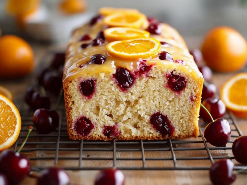 ein angeschnittener Kirsch-Orangenkuchen aus der Kastenform auf einem Kuchengitter, garniert mit Zuckerguss und Orangenscheiben, drumherum Kirschen und Orangen.