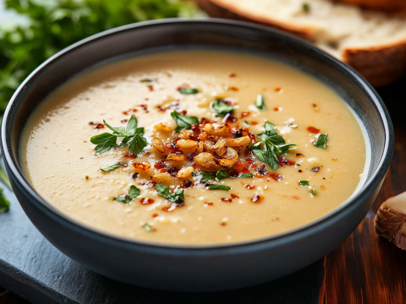 Eine Schale Knoblauch-Kartoffelsuppe, garniert mit Petersilie und geröstetem Knoblauch.