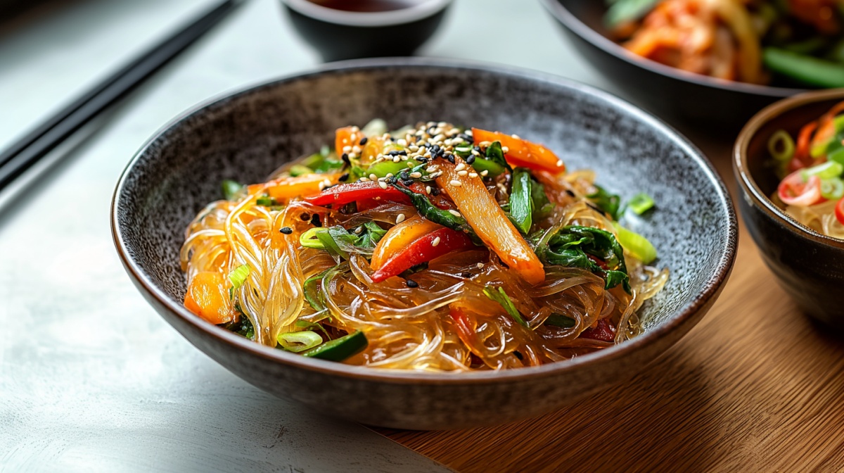 Koreanischer Glasnudelsalat in einer schwarzen Schale. Er ist mit Karotten und Paprikastreifen sowie Sesamkörnern angerichtet. Rechts daneben und im Hintergrund stehen weitere Schalen mit dem Salat. Links im Hintergrund liegen zwei Essstäbchen.