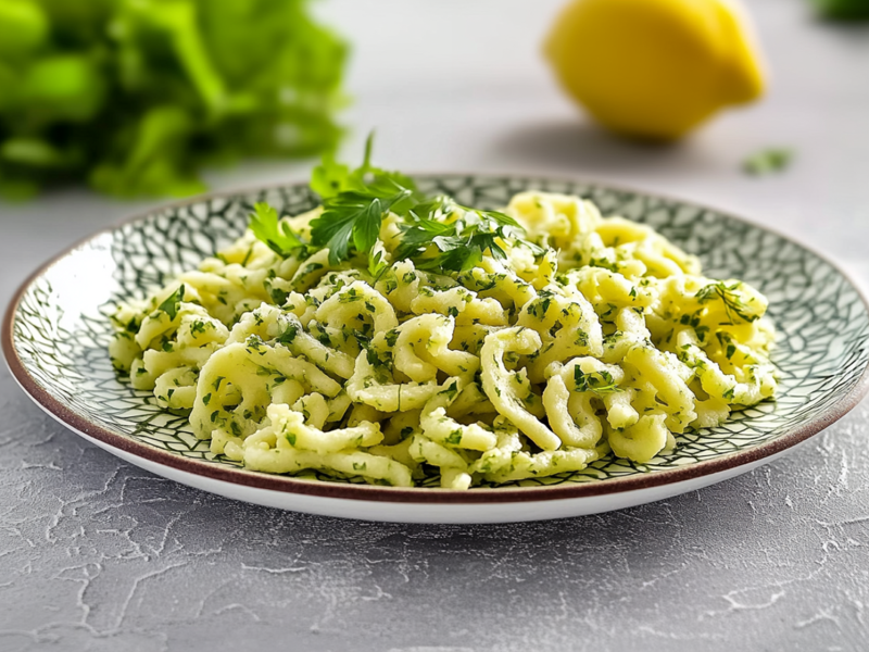 Ein Teller mit einer Portion Kräuterspätzle, die mit frischer Petersilie garniert sind. Im Hintergrund liegt eine Zitrone und ein Bund frischer Kräuter.
