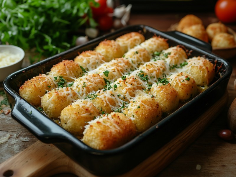 Kroketten-Hackfleisch-Auflauf auf einem Tisch