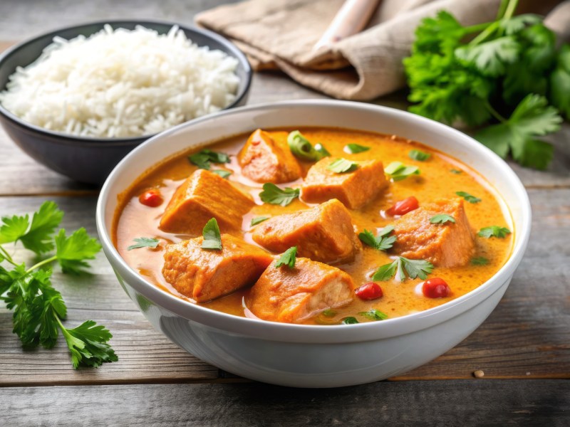 Schale mit Lachs-Curry und Reis daneben
