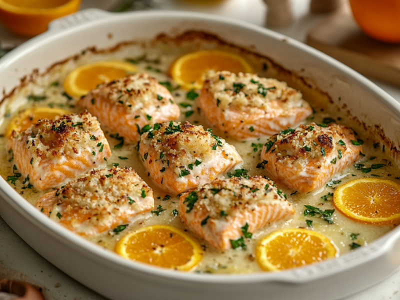 Lachs mit Orangen-Kräuterkruste in Stücken in einer Auflaufform mit Orangenscheiben und heller Soße.