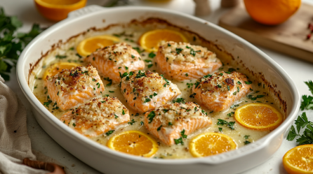 Lachs mit Orangen-Kräuterkruste in Stücken in einer Auflaufform mit Orangenscheiben und heller Soße.