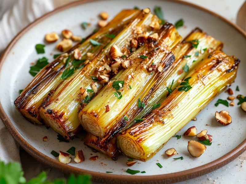 Ein Teller Lauch aus der Heißluftfritteuse mit Haselnüssen und Kräutern bestreut. Nahaufnahme.