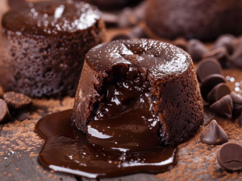 Mehrere Lavakuchen aus dem Airfryer, bei denen der Schokokern ausläuft.