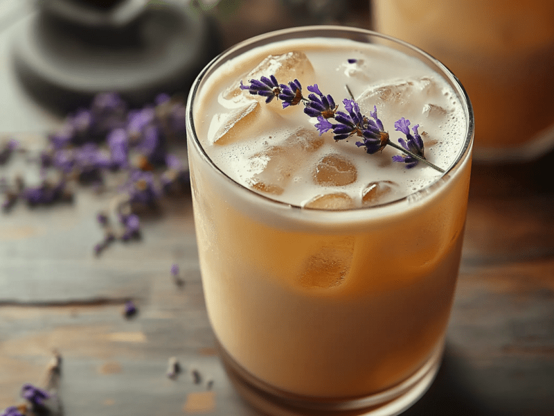 Ein Glas London Fog Cocktail, dekoriert mit Lavendel.