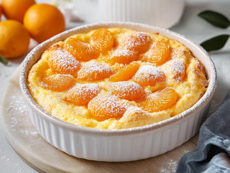 Eine runde Auflaufform mit einem Mandarinen-Quarkauflauf, der auf einem runden Holzbrett auf einer hellen Arbeitsfläche steht. Der Auflauf ist mit Mandarinenstücken garniert und mit Puderzucker bestäubt. Rechts neben der Auflaufform liegt ein Küchenhandtuch drapiert. Um die Auflaufform liegen einzelne Mandarinen verteilt.