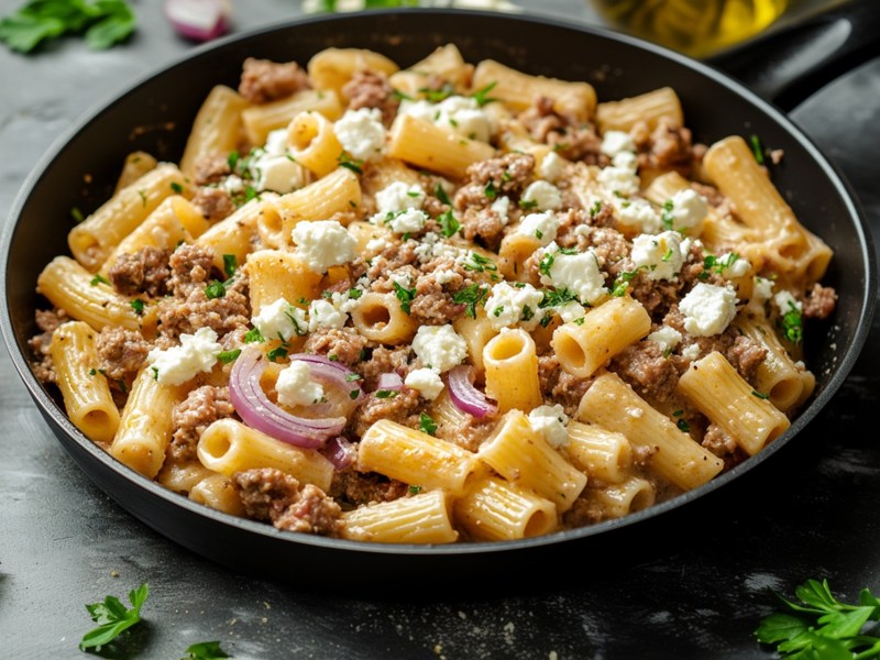 Nudel-Hackfleisch-Pfanne mit Feta auf einem Tisch