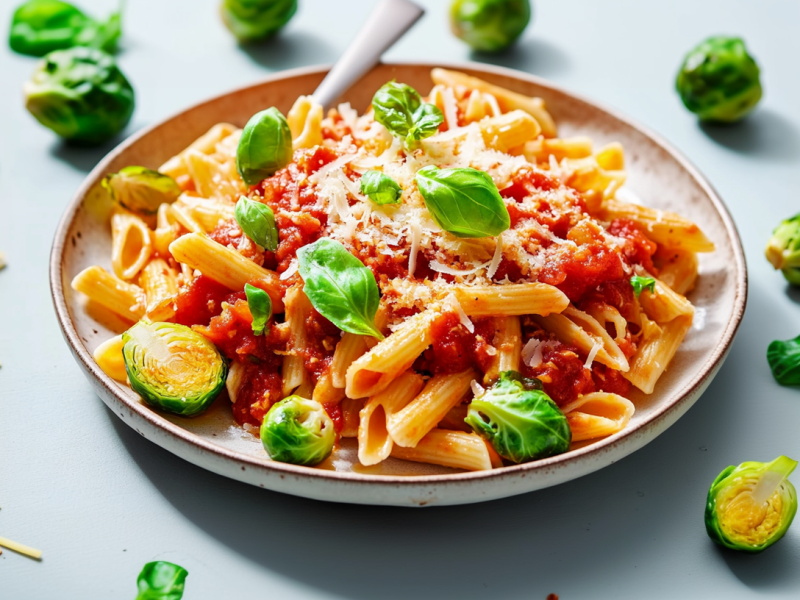 Ein Teller Nudeln mit Rosenkohl und Salsa-Soße garniert mit Reibekäse, drumherum Nudeln und Rosenkohlköpfe.
