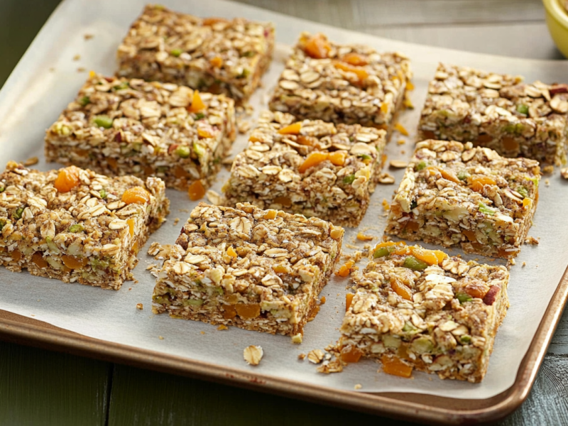 Neun Nussriegel liegen auf einem kleinen Backblech auf einem grünen Holztisch. Im Hintergrund rechts steht eine Schale mit weiteren Zutaten.