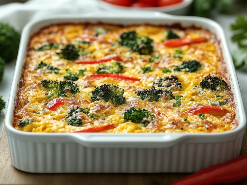 Ofencurry mit Reis, Brokkoli und Paprika in einer Auflaufform, drumherum einige Zutaten. Nahaufnahme.