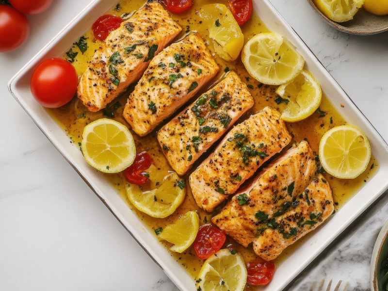 Ofenlachs mit Zitrone und Kräutern in einer Keramik-Auflaufform.