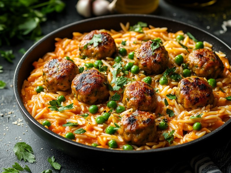 Orzo-Erbsen-Pfanne mit Hackbällchen